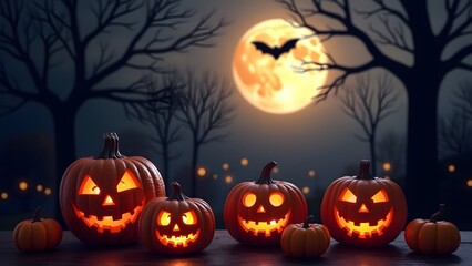 Canvas Print - Glowing jack-o'-lanterns under a full moon, with bats flying and barren trees in the background