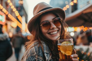 Canvas Print - A woman enjoys her beverage outdoors, possibly at the beach or pool