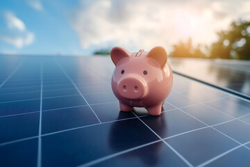 Wall Mural - Piggy bank on solar panel, symbolizing sustainable savings