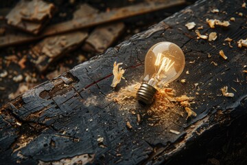 Wall Mural - A single light bulb sits atop a wooden surface, simple and straightforward