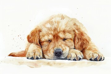 Wall Mural - Sleeping Golden Retriever Puppy Watercolor Painting