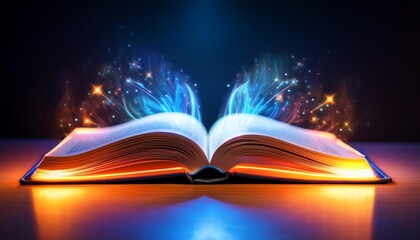 open book glowing with orange and blue neon lights symbolizing knowledge and imagination