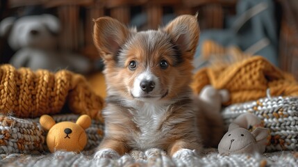 Poster - Cute Puppy on Blanket with Toys