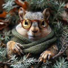 Sticker - Squirrel Wearing Glasses and Scarf in Nature