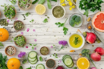 Wall Mural - A colorful arrangement of fresh fruits and vegetables on a table