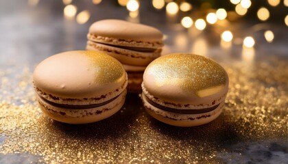 Wall Mural - tasty macaroons on a stone table with golden glitter super photo realistic background generative ai illustration