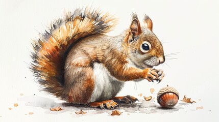 Sticker - Watercolor Painting of a Squirrel Eating an Acorn