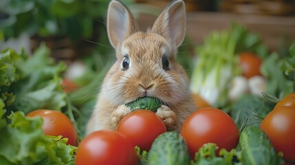 Wall Mural - Cute Bunny Eating Fresh Vegetables