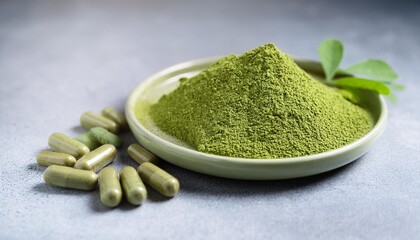 organic moringa powder and capsules on ceramic plate on grey table natural moringa green leaf powder and herbal supplements in a serene setting