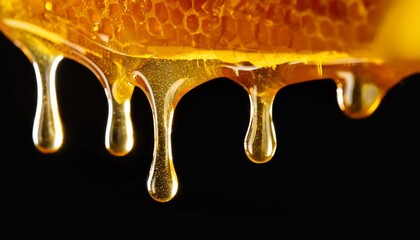 Wall Mural - drops of thick golden honey flowing down on a black background close up of sweet nectar or molasses being spilled liquid honey pours and drips sugar syrup is pouring healthy and curative dessert