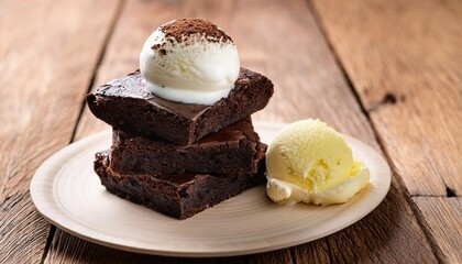 Wall Mural - chocolate brownies stacks and vanila ice cream on top wooden background