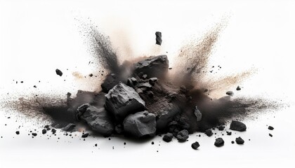 Wall Mural - exploding black rock with dust isolated on white background