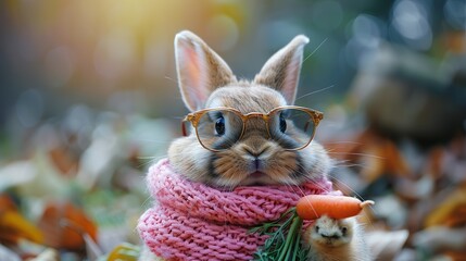 Sticker - Cute Bunny in Glasses Holding Carrot