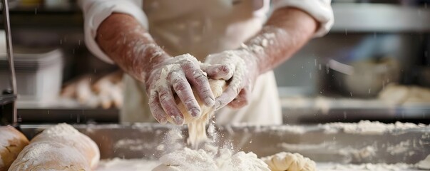 A Baker's Hands Kneading Dough with Flour Dusting the Air