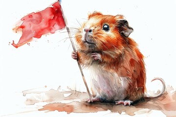 Sticker - Cute Guinea Pig Holding a Red Flag