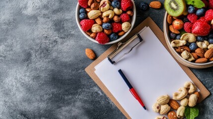 A clipboard with a diet plan next to a bowl of mixed nuts and fruits, with ample space for text.