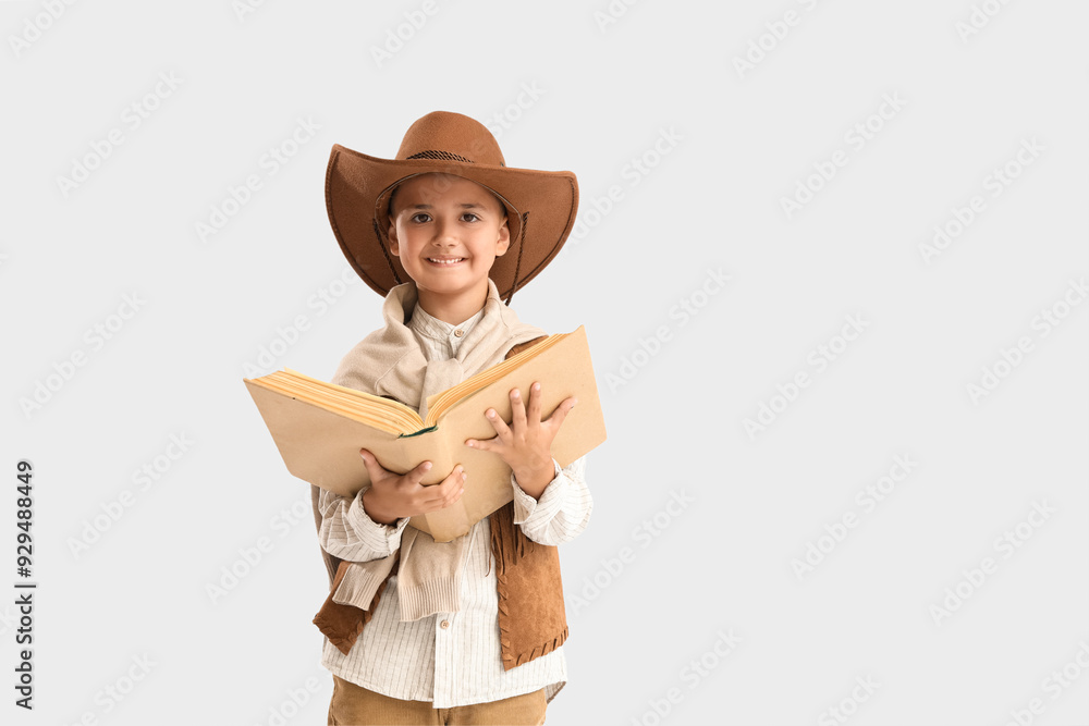 Cute little cowboy with book on light background