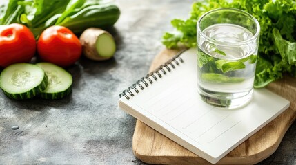 A diet plan notebook with fresh vegetables and a glass of water, with space for promotional content.