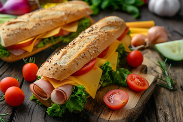 Wall Mural - delicious fresh healthy sandwich with fresh baguette, cheese, ham, tomato, onion and lettuce lies on a wooden table, generative AI