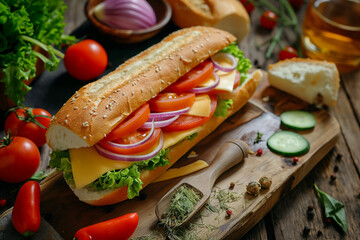 delicious fresh healthy sandwich with fresh baguette, cheese, ham, tomato, onion and lettuce lies on a wooden table, generative AI