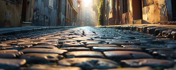 Cobblestone Street in a European City at Sunset