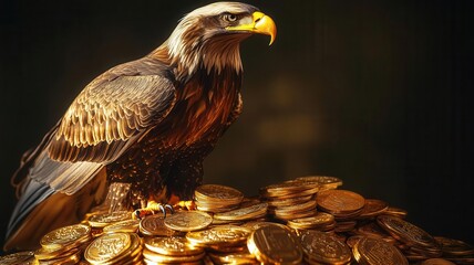 A majestic eagle perched on a pile of gold coins, representing vigilance and foresight in investment Dramatic lighting, vibrant colors