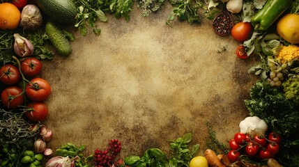 Nature-inspired food art background with fresh ingredients and plenty of space for copy.