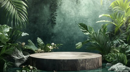 Jungle-themed background podium with a 3D green wood product platform and pedestal. Features a tropical setting with trees, leaves, and a summer forest ambiance 