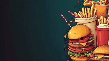 Playful fast food background with copy space, featuring stylized images of burgers, fries, and shakes.