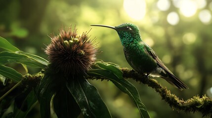 Sticker - Hummingbird Perched on a Branch in a Rainforest