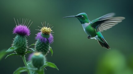 Poster - Hummingbird in Flight near Purple Thistle Flowers