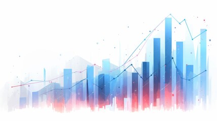 Blue and red bar graph on a white background illustrating an upward stock market trend. Ideal for visualizing financial growth and market performance.