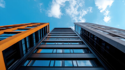 Low angle view of two tall, modern office buildings against a bright blue sky, symbolizing urban development and corporate architecture.