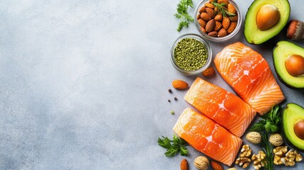 Wall Mural - A flat lay of keto-friendly foods like salmon, avocado, and nuts, with space for text or logos.