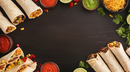 Wall Mural - A flat lay of Mexican food like burritos and taquitos, with space for menu text or branding.