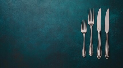 A set of silver cutlery including forks and a knife on a textured teal background.