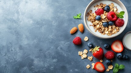 A healthy breakfast of whole-grain cereal with almond milk and fresh fruit, with ample space for text.