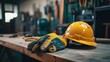 © Youttakone - A detailed view of a pair of heavy-duty work gloves and a safety helmet placed on a workbench, with construction tools in the background