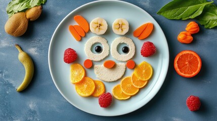 A plate of healthy snacks arranged as a fun animal face, with space for copy around.