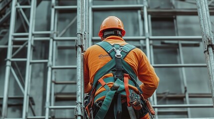 A construction worker wearing a safety harness and helmet, working on scaffolding at a high elevation