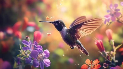 Poster - Hummingbird in Flight Over a Field of Flowers