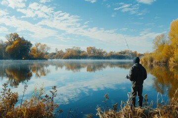 Sticker - A person standing by a lake, holding a fishing rod and waiting for a catch