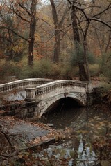 Sticker - A picturesque stone bridge spanning a small stream in a park, surrounded by lush greenery and flowers