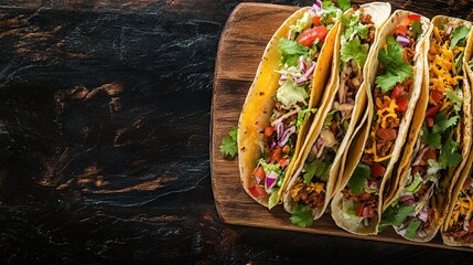 A vibrant taco platter with assorted fillings, with ample space for text or menu items.