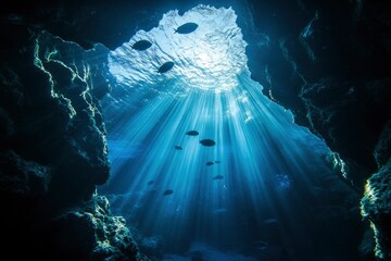 Underwater Sea - Deep Water Abyss With Blue Sun light , ai