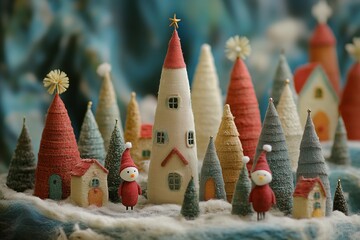 A whimsical and cozy handmade Christmas village scene featuring soft, fabric trees and charming little houses.