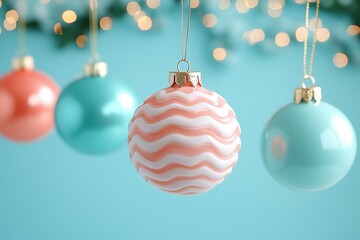 Wall Mural - A close-up of elegant Christmas ornaments in soft pastel colors, featuring a combination of blush pink and mint blue baubles.