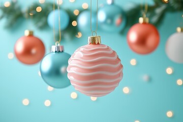 Wall Mural - A close-up of elegant Christmas ornaments in soft pastel colors, featuring a combination of blush pink and mint blue baubles.