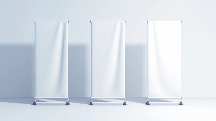 3 white empty portable booth stand mockup or roll up board is ideal for advertising and promotion