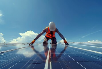 Construction Worker Installing Solar Panels on Roof